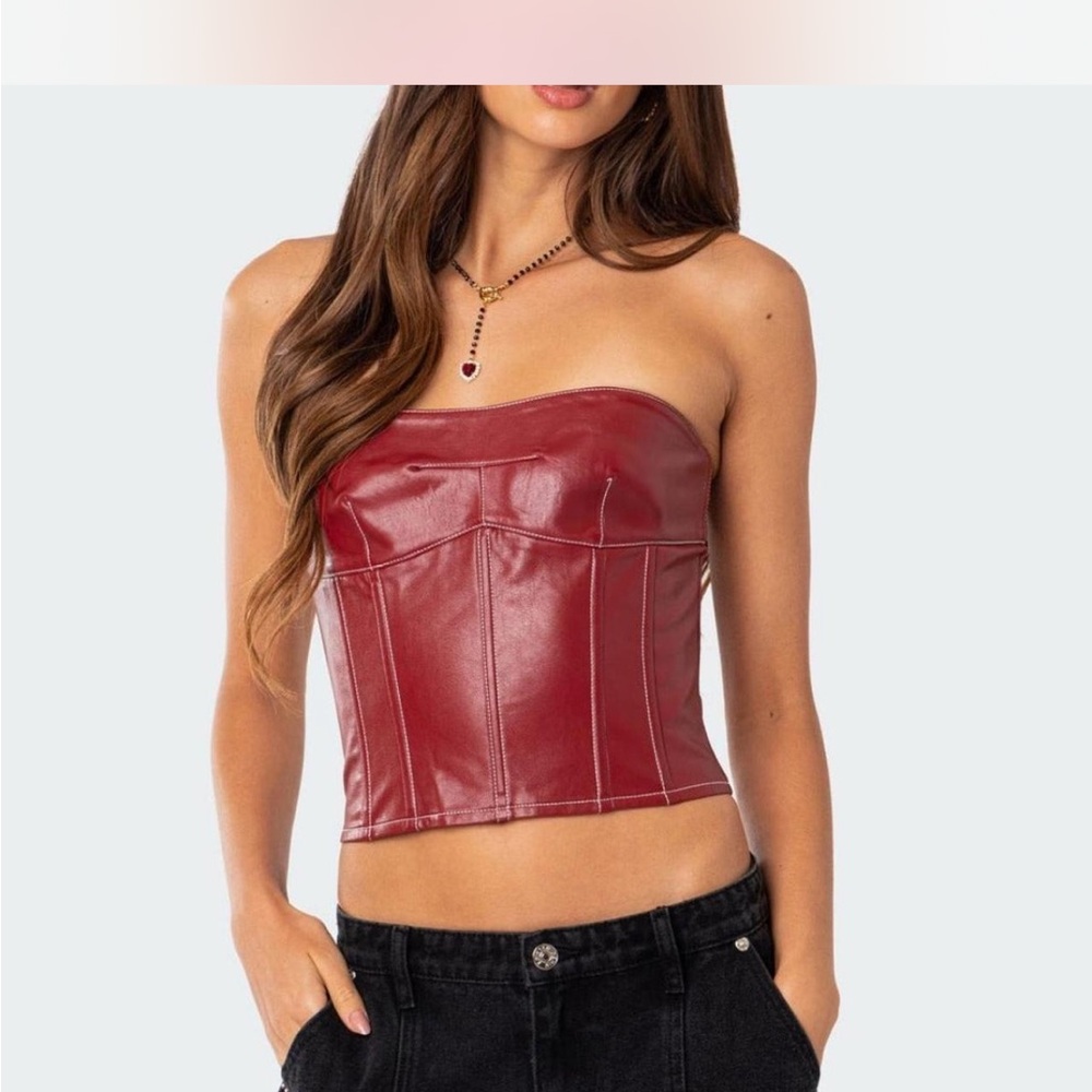 Red Strapless Leather Corset Top